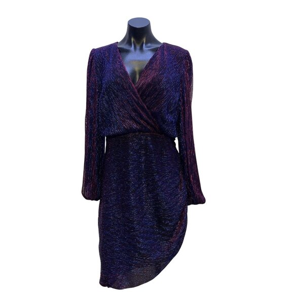 NWT Loverbode Luxe Metallic Fiber Polyester Wrap Dress Long Sleeve Tie Back 14 - Picture 1 of 7